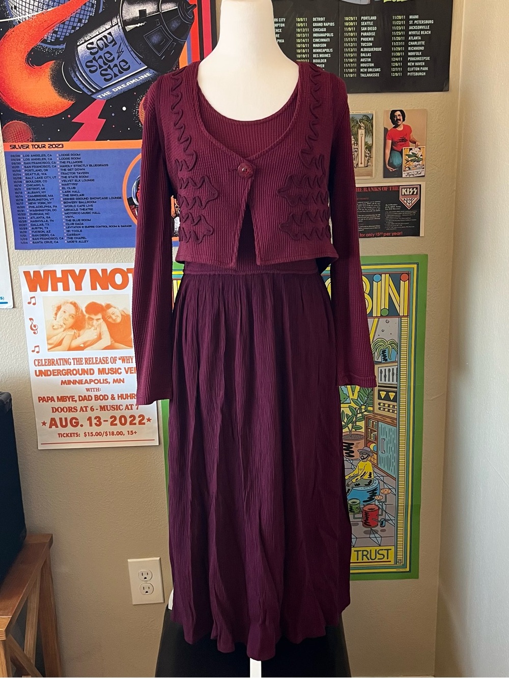 Vintage burgundy knit vest and dress set